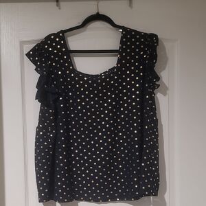 Zac & Rachel Womans Knit Top Ruffle Sleeve Navy With Gold Foil DotsPlus Size 2x